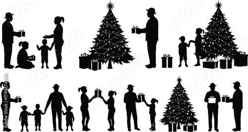 Christmas celebration silhouettes, family giving gifts, festive tree with presents, winter holiday happiness, people exchanging gifts, joyful festive scene, togetherness and love