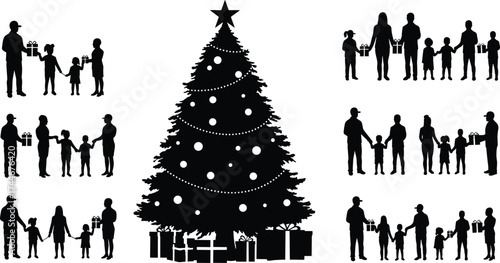 Christmas family silhouettes, holiday celebration, people giving gifts, festive tree, winter season happiness, parents and children, Xmas presents exchange, joyful togetherness scene