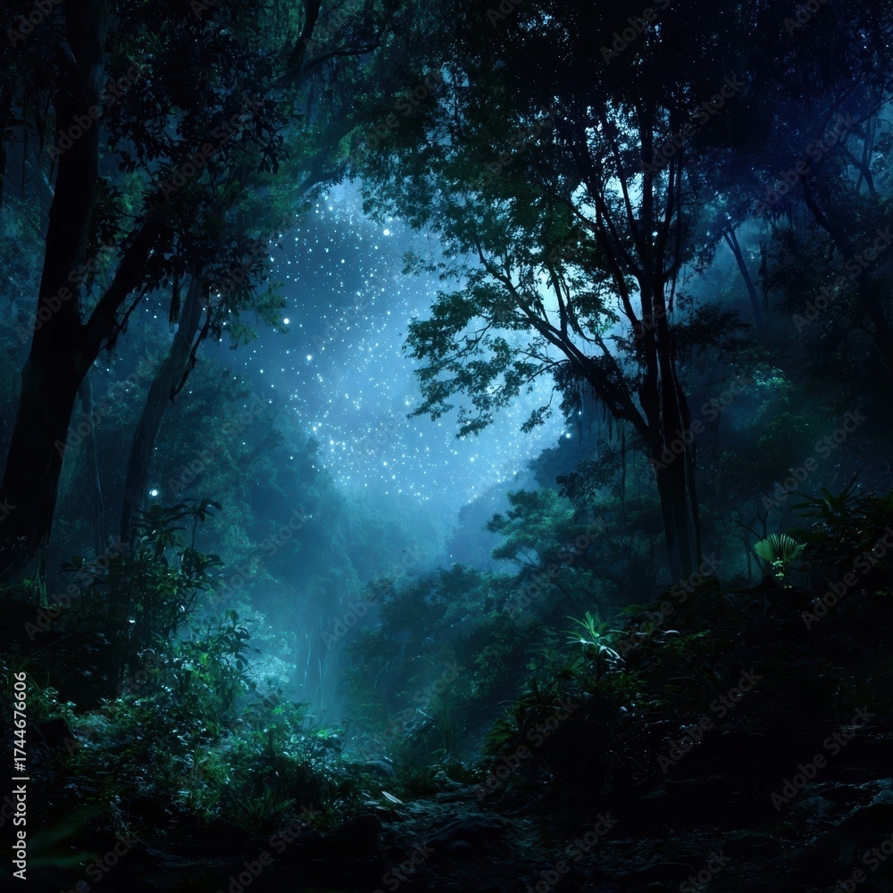 Fototapeta premium Mysterious forest illuminated by starry night.