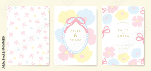 Wedding invitation card background vector set. Minimal hand drawn flower, ribbon frame and pattern. Design for wedding, vip cover template, rsvp modern card, poster.