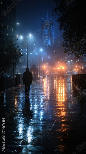 Lonely figure walks through rainy city street.