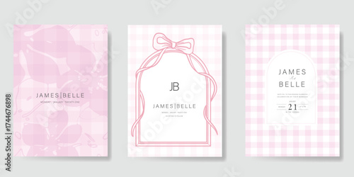 Wedding invitation card background vector set. Minimal hand drawn flower and ribbon frame. Design for wedding, vip cover template, rsvp modern card, poster.