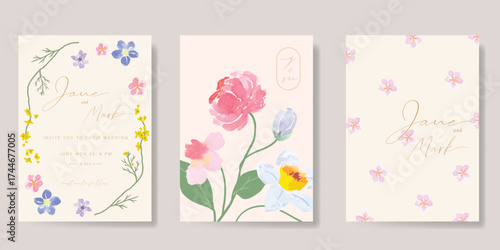 Wedding invitation card background vector set. Minimal hand drawn  flower, leaves in watercolor texture. Design for wedding, vip cover template, rsvp modern card, poster.
