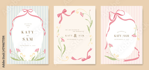 Wedding invitation card background vector set. Minimal hand drawn ribbon frame and flower. Design for wedding, vip cover template, rsvp modern card, poster.