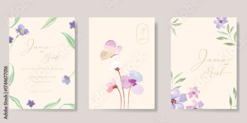 Wedding invitation card background vector set. Minimal hand drawn flower, leaves and butterfly in watercolor texture. Design for wedding, vip cover template, rsvp modern card, poster.
