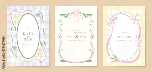 Wedding invitation card background vector set. Minimal hand drawn ribbon frame and flower. Design for wedding, vip cover template, rsvp modern card, poster.