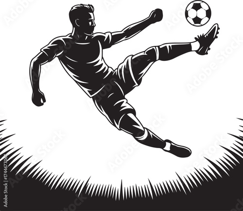 Dynamic footballer executes bicycle kick with intense energy