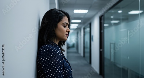 Young woman leans against a white wall in a modern office corridor, contemplative expression, soft indoor lighting, glass-walled rooms and muted tones creating a quiet, professional atmosphere serene