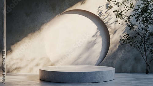 Empty concrete pedestal display, natural light, minimalist, product showcase