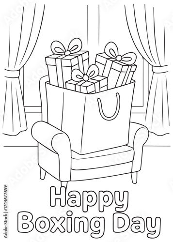 coloring book chair with shopping bag full of gifts happy boxing day