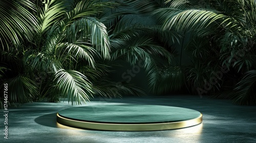 Green podium, tropical plants, empty space, product presentation, digital rendering
