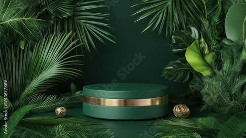 Emerald podium surrounded by lush foliage
