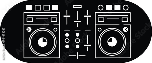 Modern minimalist white outline of a dj controller with two decks and a mixer on a black oval background