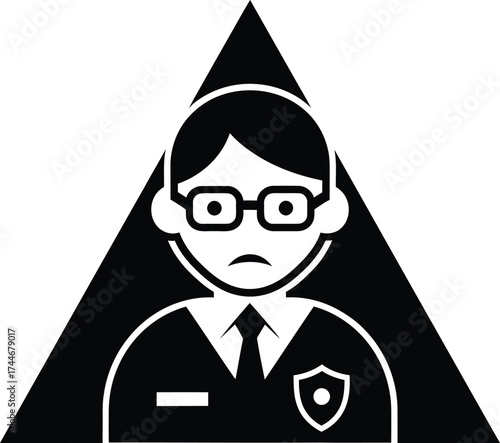 Sad security guard icon wearing glasses and uniform inside a black triangle warning symbol