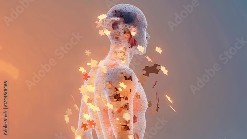 Abstract Human Form Dissolving into Light Particles.