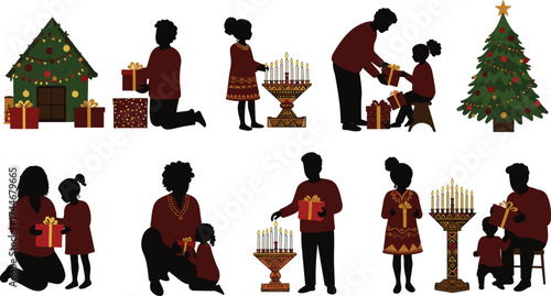 Family celebrating Kwanzaa and Christmas together, lighting candles, exchanging gifts, unity, love, joy, holiday season celebration, flat vector illustration