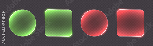 Transparent glass buttons, green and red clear banners. Glowing futuristic interface templates for web design. Vector illustration.