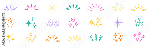 Star background confetti set. Hand drawn doodle star shapes and birthday confetti with cute sparkle, holiday twinkle brush elements, and glowing cartoon kid pattern. Vector illustration