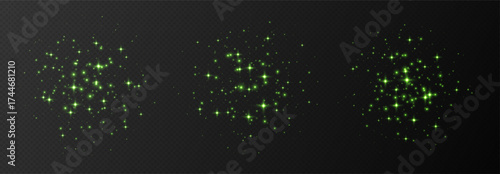 Green sparkling stars, shiny particles light effect, transparent flying stardust texture, abstract twinkle Christmas decoration. Vector illustration.