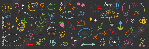 Cute kid element set. Hand drawn scribble heart, flower and cloud elements for a cute line simple kid background. Doodle drawn sketch heart, star, cloud cartoon sticker shapes. Vector illustration