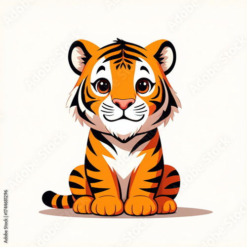 Adorable cartoon tiger cub sitting and looking forward