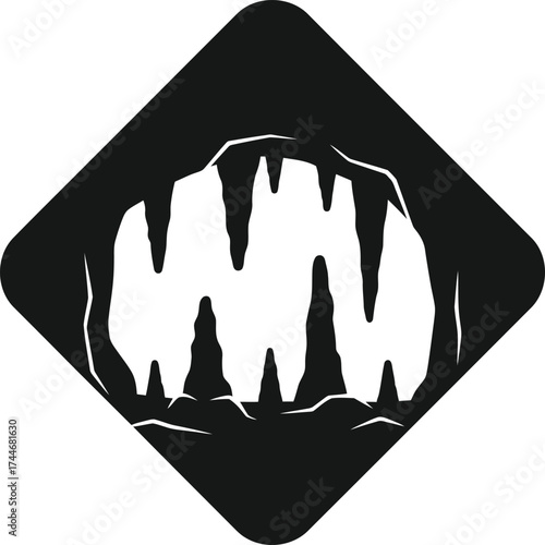 Stylized black and white graphic of a cave entrance with stalactites and stalagmites in a diamond shape