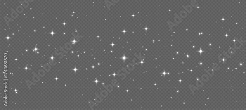 White sparkling stars, shiny particles light effect, transparent flying stardust texture, abstract twinkle Christmas decoration. Vector illustration.