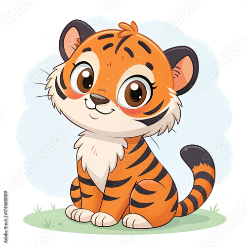 Adorable cartoon baby tiger sitting on grass