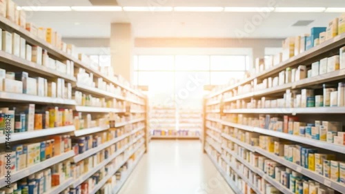 long blurred store aisle likely pharmacy is brightly illuminated by sunlight from far window Numerous shelves on both sides are filled with colorful indistinguishable packaged goods bottles and boxes
