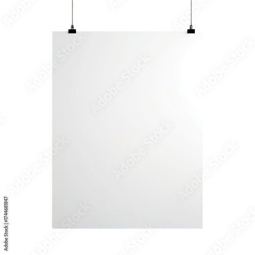 Poster Blank white paper hangs vertically from clips, black background
