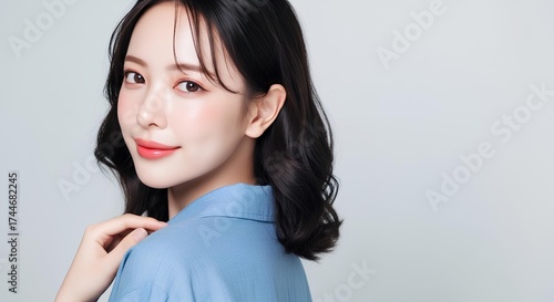 ブルーのシャツを着た女性のナチュラルなポートレート