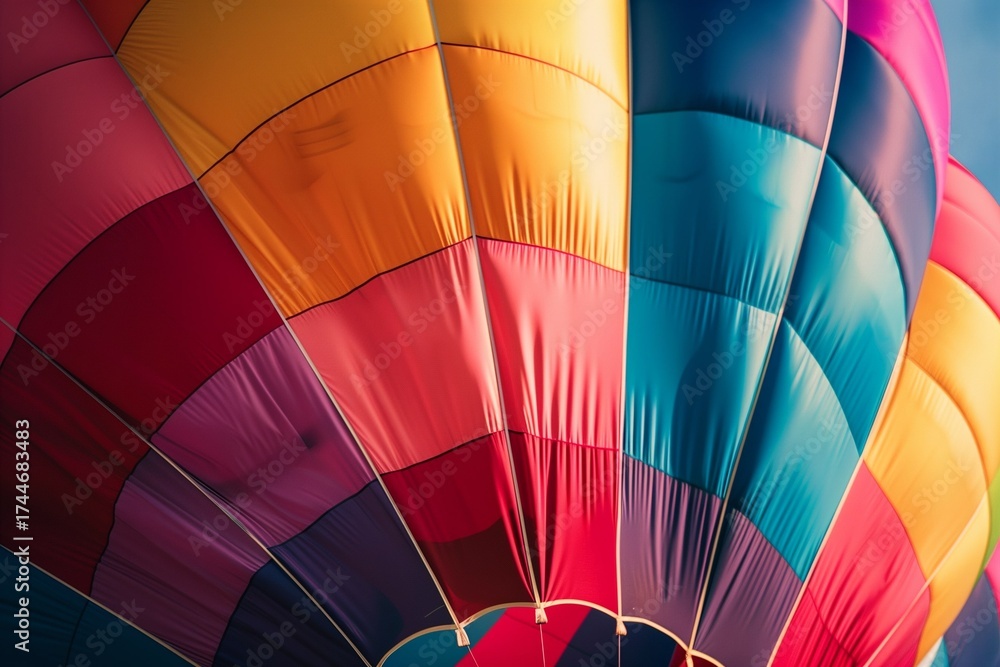 Obraz premium Close-up of hot air balloon inflating at festival, vibrant fabric colors, dramatic perspective.