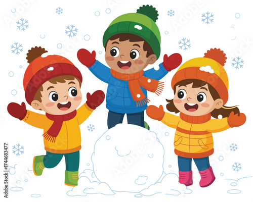 Happy Children Playing in Snow Winter Season Illustration, Kids Building Snowball, Outdoor Holiday Activity, Cute Cartoon Characters for Education and Design