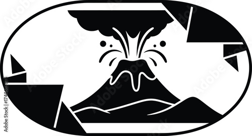 Stylized black and white illustration of an erupting volcano within an oval frame with abstract geometric shapes