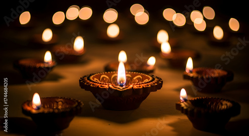 Warm glow of traditional clay diyas creates a magical, serene atmosphere perfect for festive celebrations and spiritual moments