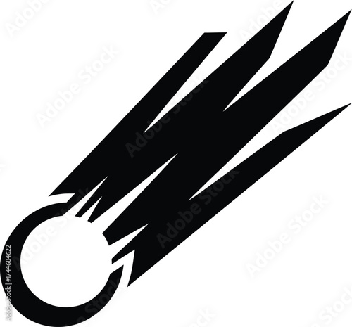 Stylized black comet with a ring and sharp trailing streaks against a clean white background