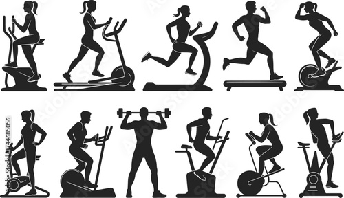 Gym silhouettes, fitness workout, cardio training, exercise equipment, treadmill, elliptical, stair stepper, stationary bike, dumbbells, active lifestyle, healthy body