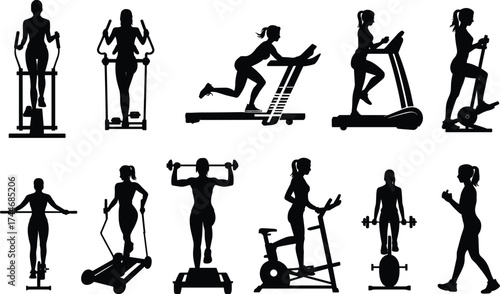 Gym workout silhouettes, fitness equipment, cardio training, strength exercise, treadmill, elliptical, stair climber, jump rope, dumbbells, healthy lifestyle, active people
