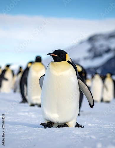 Emperor penguins standing on a snowy, bright plain