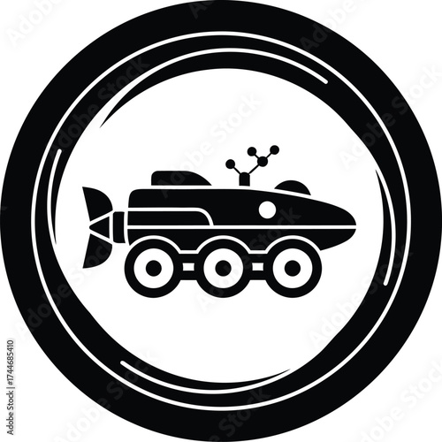 Stylized black icon of a futuristic six wheeled rover with antennae inside a circular frame