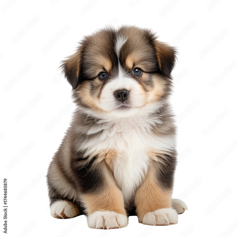 Fototapeta premium Fluffy, adorable puppy sitting, looking directly at the viewer with big eyes