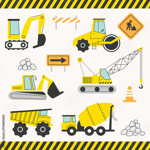 CONSTRUCTION SITE vehicles icon symbol illustration cute drawing collection bundle sign kiddy clean flat editable vector graphic element stickers