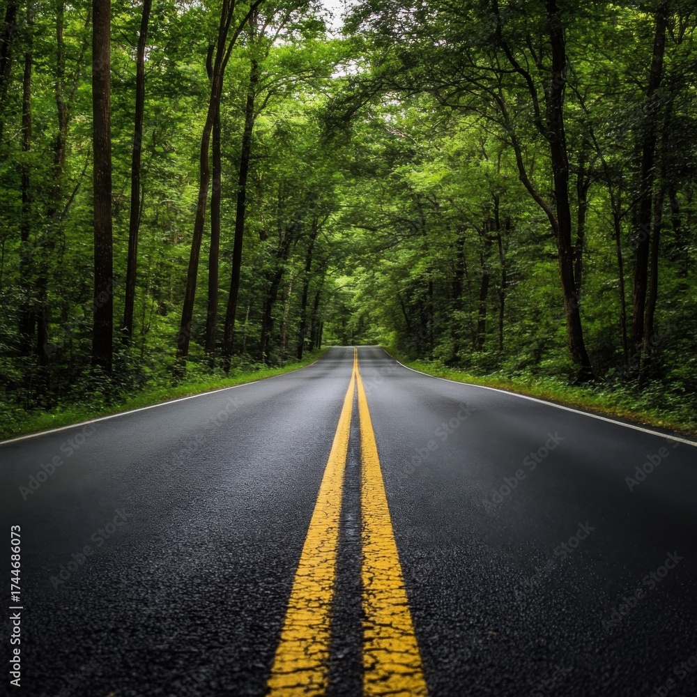 Fototapeta premium Road leading through lush green forest on a bright sunny day