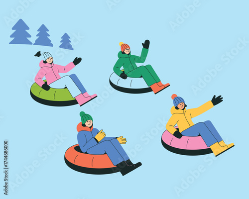 Winter Snow Tubing Fun – Kids Playing in Snow with Colorful Winter Clothes and Tubes, Outdoor Activity Illustration for Holiday, Christmas, and Winter Sports Design