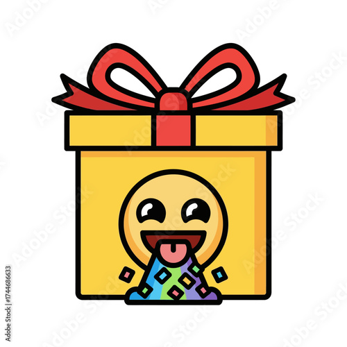 A vibrant yellow gift box with a red ribbon and a playful emoji face.
