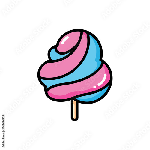 A colorful swirl of pink and blue cotton candy on a stick.