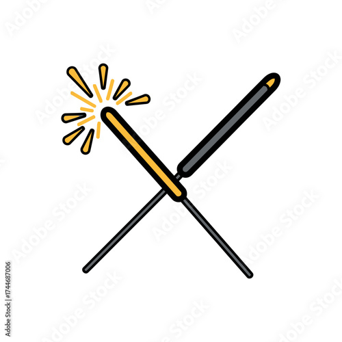 Two crossed sparkler sticks one burning brightly.
