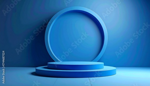 Empty blue product display on a blue background