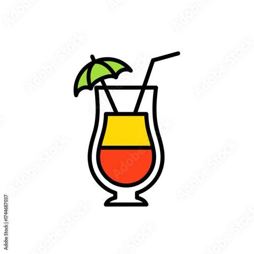 Colorful Tropical Cocktail with Umbrella and Straw.