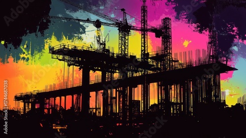 Silhouette of construction site at dawn, vibrant colorful abstract background.